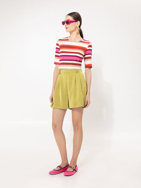 PLEATED SATIN SHORTS LIME