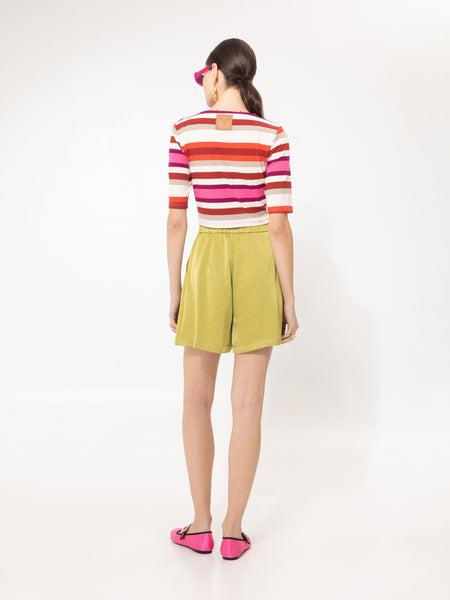 PLEATED SATIN SHORTS LIME