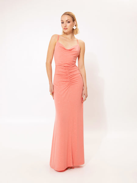 RUCHED JERSEY MAXI DRESS CORAL GLITTER
