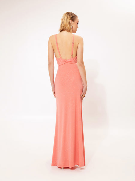 RUCHED JERSEY MAXI DRESS CORAL GLITTER