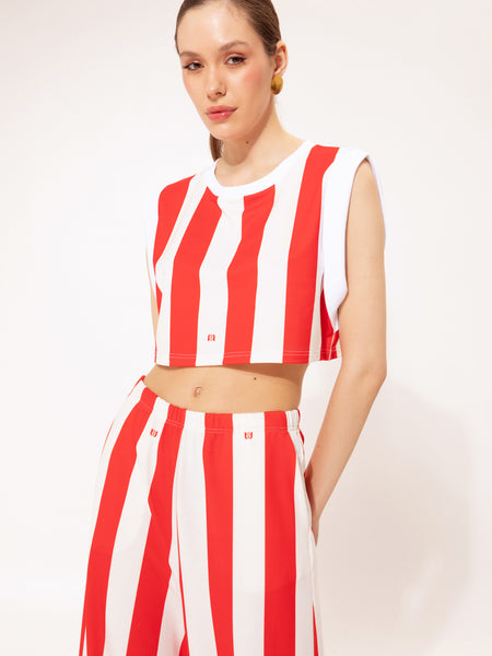 SLEEVELESS CROPPED SWEATER STRIPES RED
