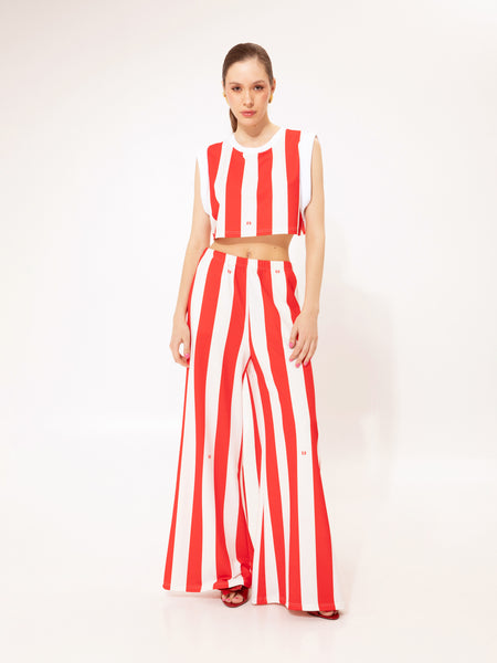 SLEEVELESS CROPPED SWEATER STRIPES RED