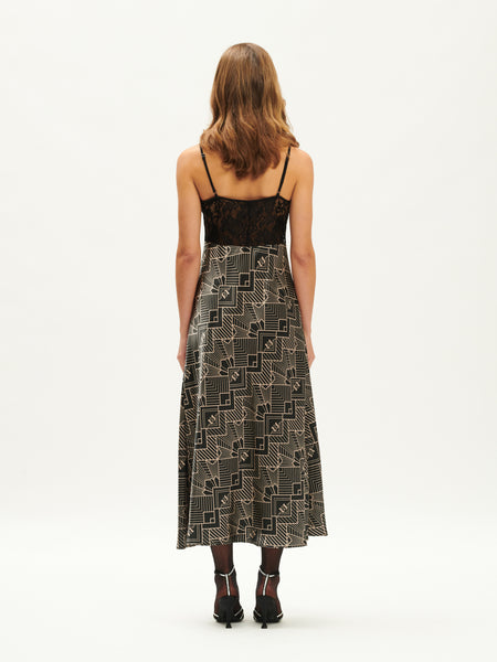 LACE-BUST SATIN MAXI SLIP DRESS GATSBY BLACK