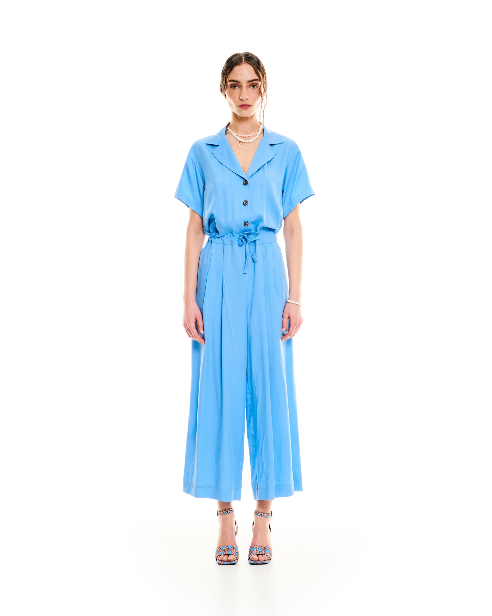 NOTCHED LAPELS JUMPSUIT LIGHT BLUE