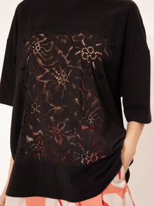 OVERSIZED LACE-DETAILED T-SHIRT BLACK