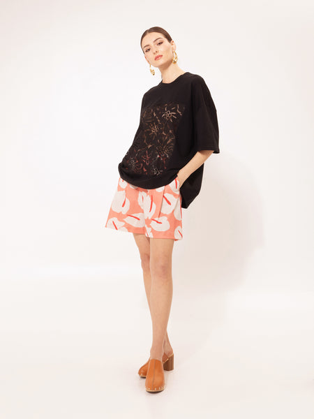 OVERSIZED LACE-DETAILED T-SHIRT BLACK