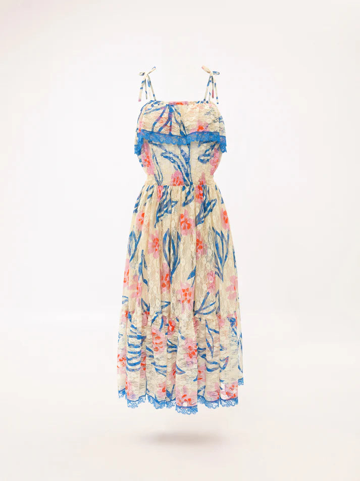 LACE RUFFLED MIDI DRESS FLORAL