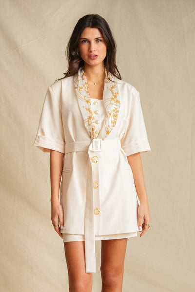 Antique White Short Sleeve Blazer With Hanky