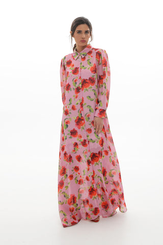 Ilektra Long Dress With Two-Tone Belt With Rose Print (Pink)